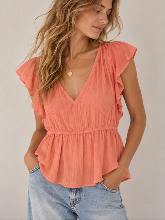 Sam Edelman Tops - Sam Edelman Coral Gauze Peplum Top S Flutter Sleeve Romantic Boho Coastal